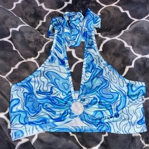 Blue and white marble cropped halter top.